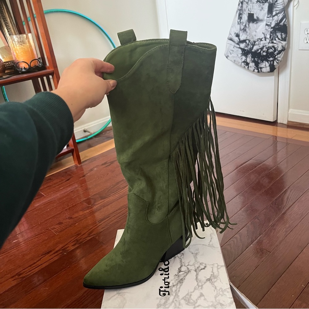 Suede moss green fringe cowboy boots
